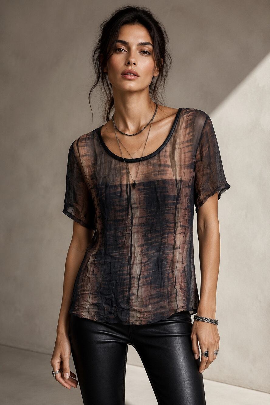 Avant Garde Nicholas K Abstract Plaid Sheer Open Back Leather Trim Luxury Top M